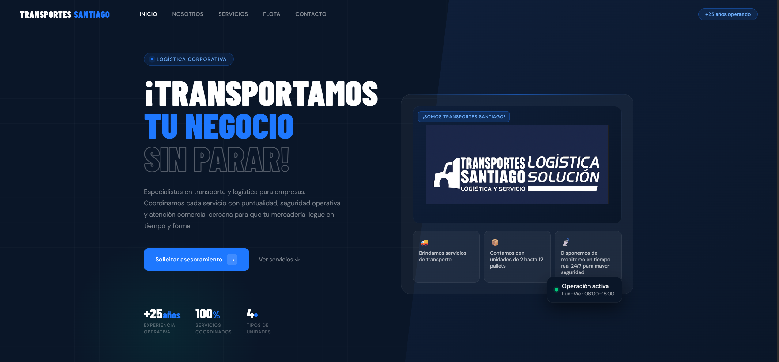 Vista previa del sitio de Transportes Santiago